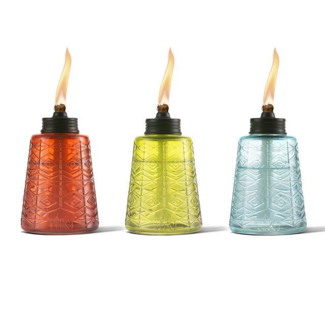 tiki brand molded glass table torch 3 pack in red, blue, and green