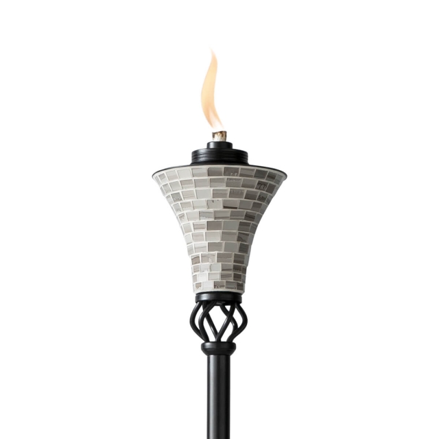 gray mosaic tiki torch up close white background