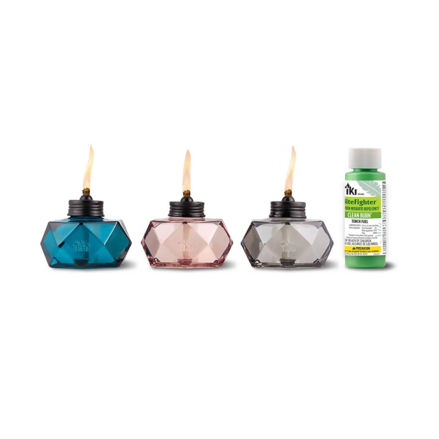 blue gray or orange table tiki torch with 4 ounce clean burn bitefighter fuel up close white background