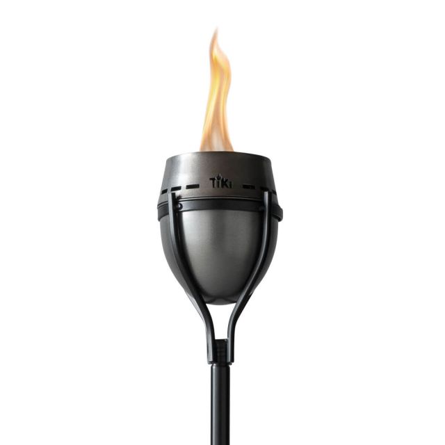 silver large flame tiki torch up close white background