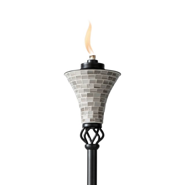 gray mosaic tiki torch up close white background