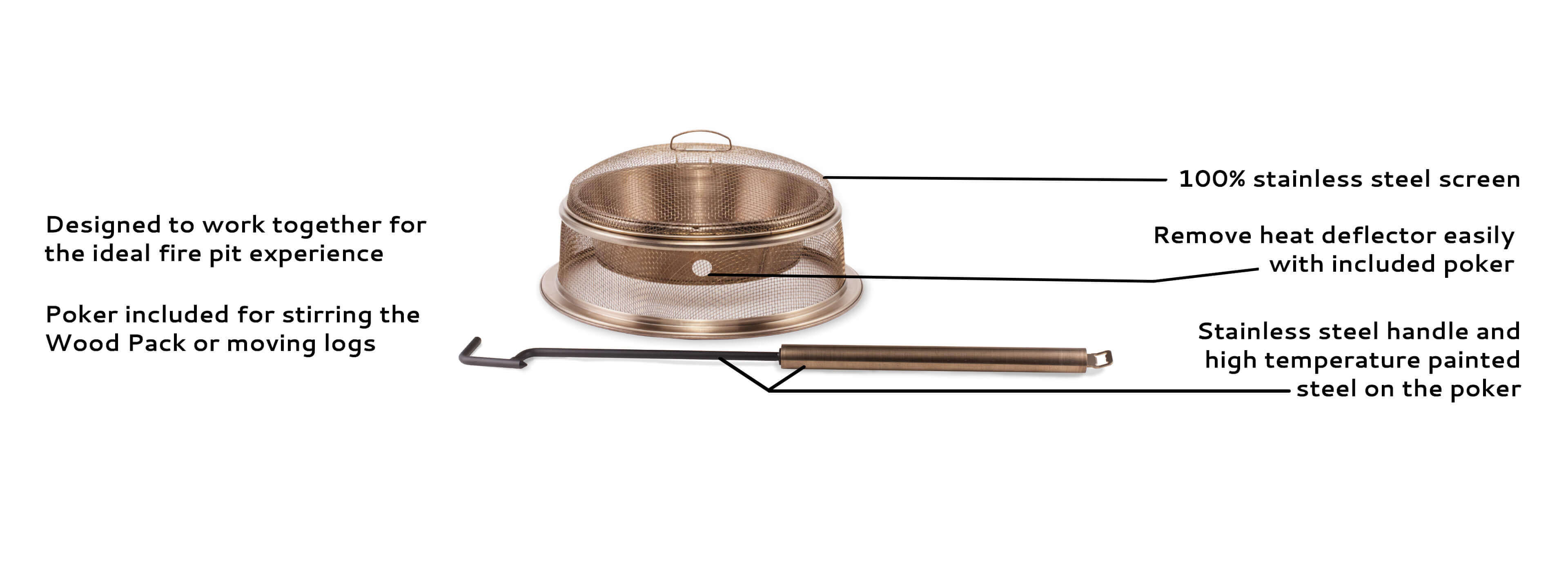 designed to work together for the ideal fire pit experience, poker included for stirring the Wood Pack or moving logs, 100% stainless steel screen, remove heat deflector easily with included poker, stainless steel handle and high temperature painted steel on the poker 