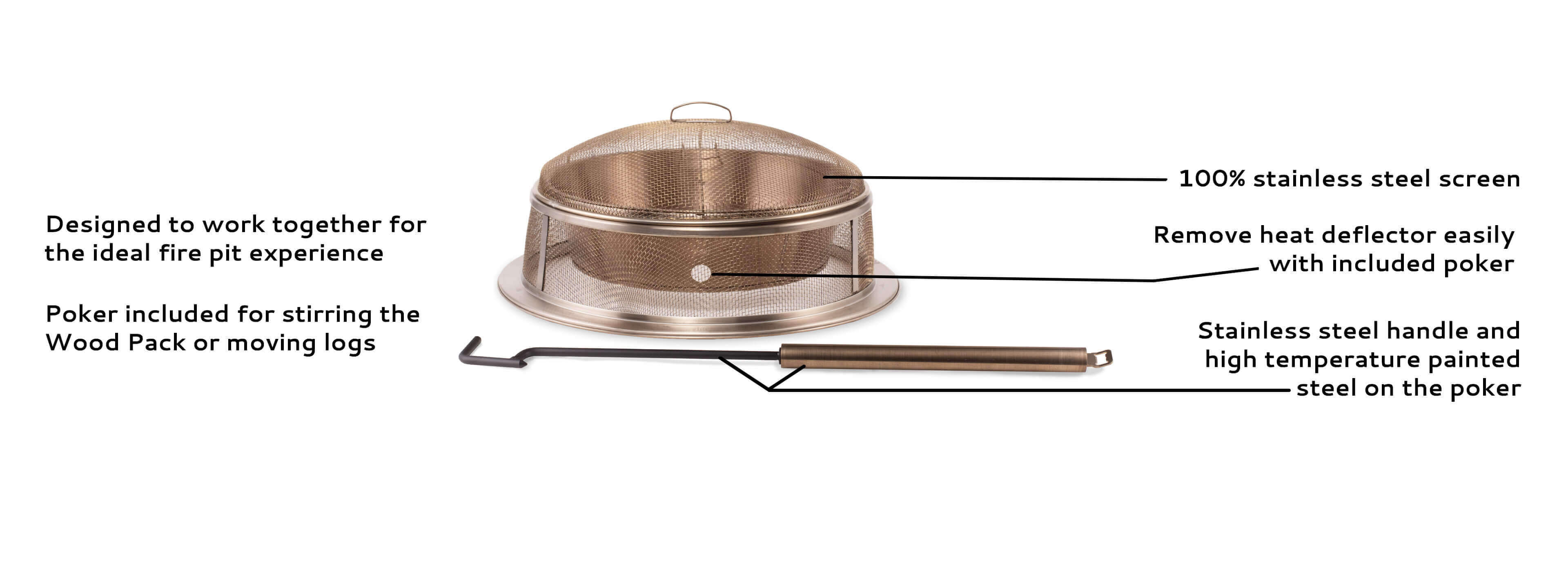 designed to work together for the ideal fire pit experience, poker included for stirring the Wood Pack or moving logs, 100% stainless steel screen, remove heat deflector easily with included poker, stainless steel handle and high temperature painted steel on the poker 