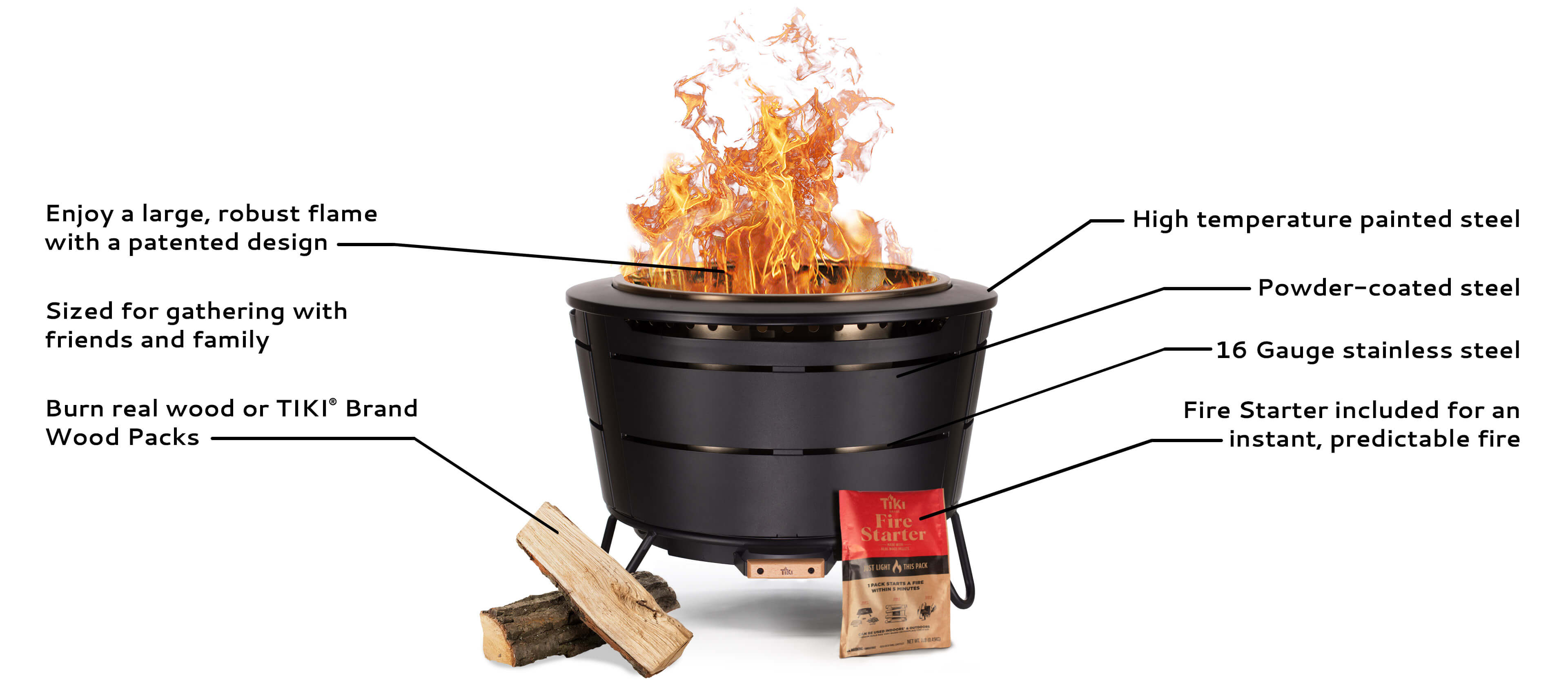 enjoy a large robust flame with patented design, built in handles and rectangular shape for easy transporting, burn real wood or tiki brand wood packs, high temperature painted steel, powder-coated steel, 16 gauge stainless steel, wood pack included for an instant predictable fire