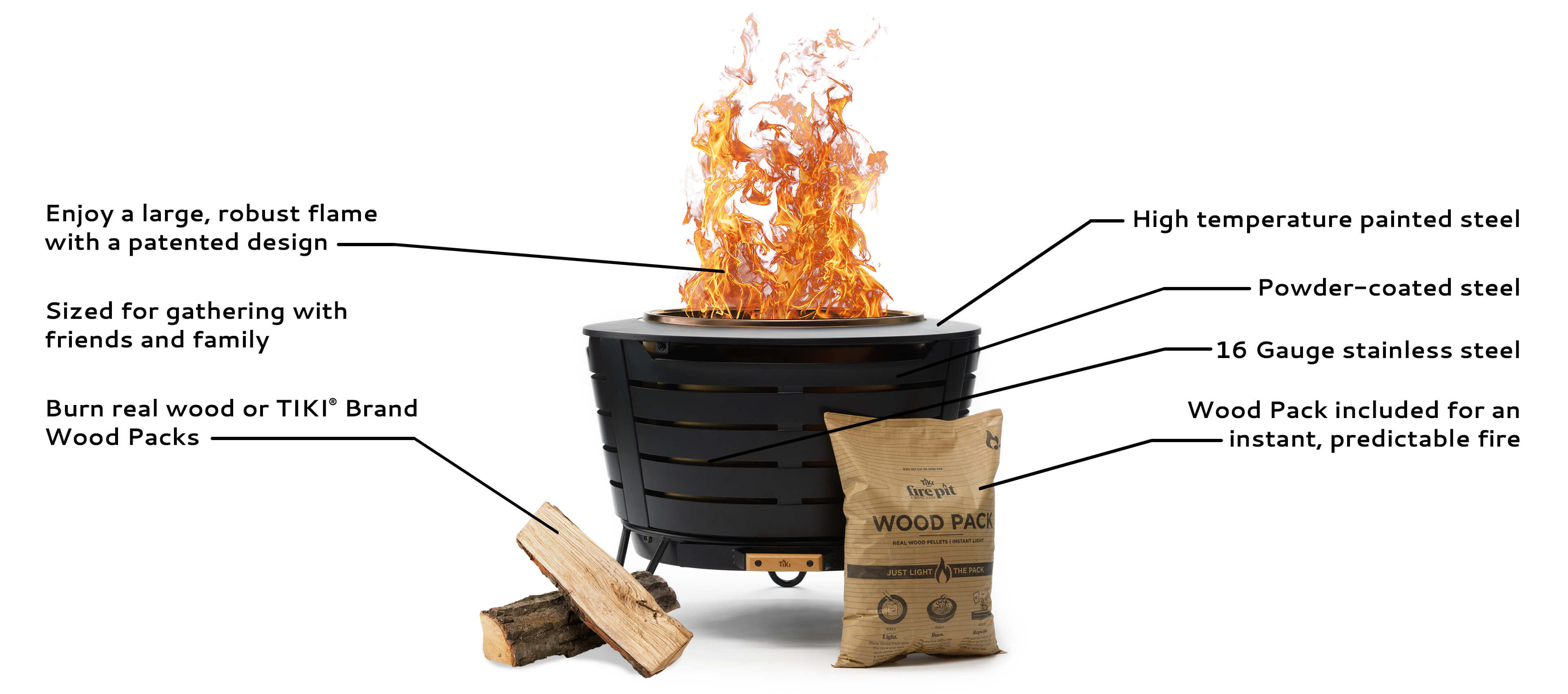 robust flame, stainless steel, powder coated steel, Wood Pack or wood logs
