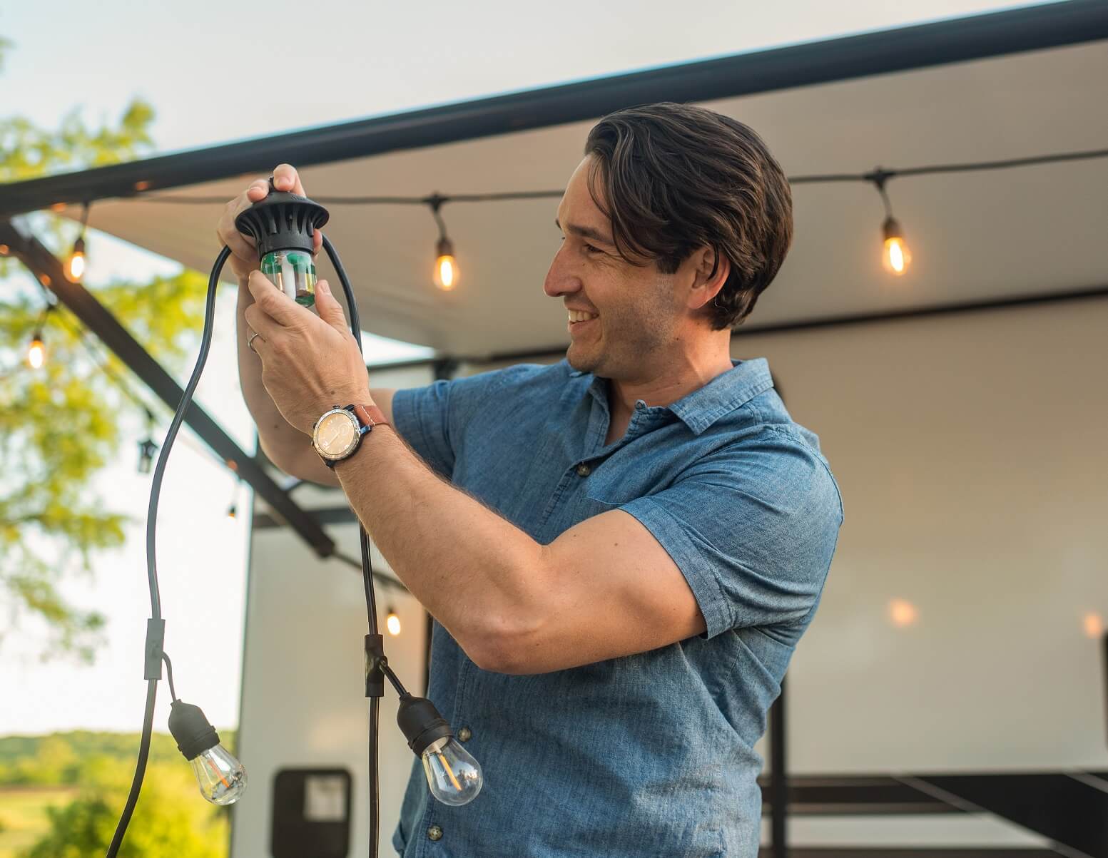 eating outdoors under BITEFIGHTER LED STRING LIGHTS