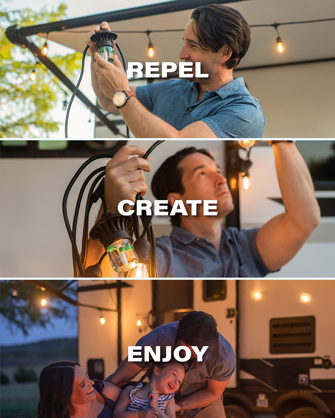 Man camping and hanging up string lights